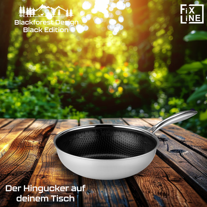 Wok-Einsteigerset Wokpfanne 28 cm (Schwarz Wabenbeschichtung) + Glasdeckel 28 cm